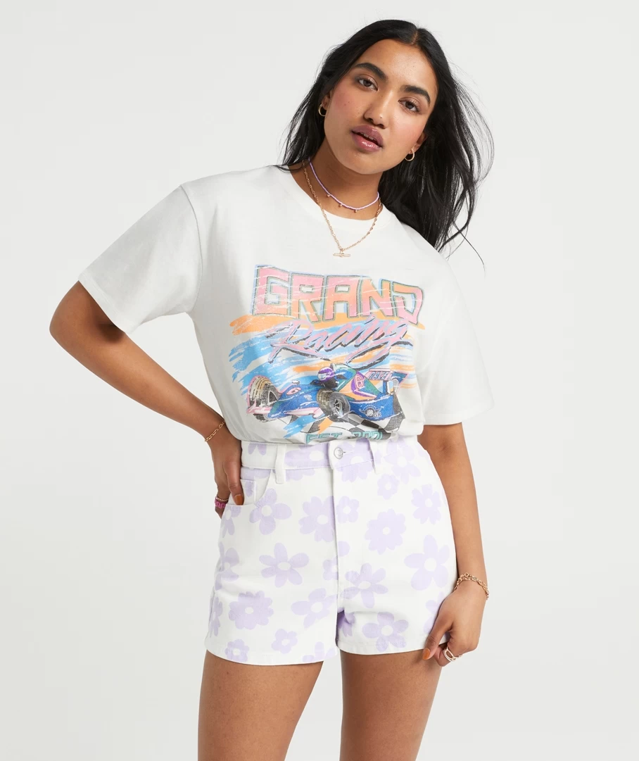 DAISY PRINTED DENIM SHORTS