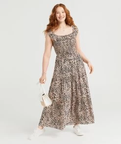 NORA SHIRRED RUFFLE MIDI DRESS