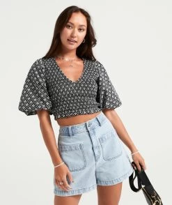 SERENITY COTTON SHIRRED PUFF SLEEVE TOP