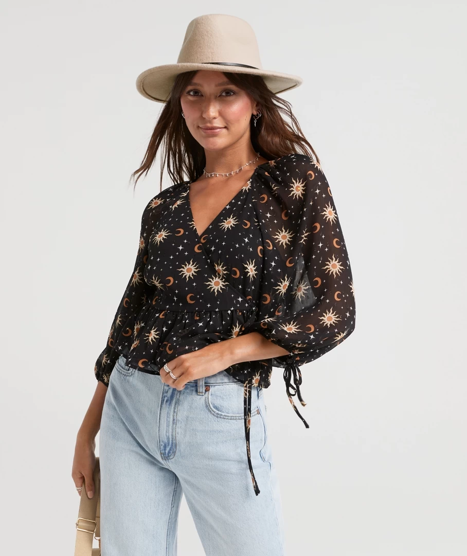 CELESTE SHEER PRINTED WRAP TOP